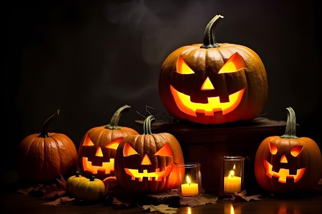 Хэллоуинские тыквы со свечами и фонарями Джека