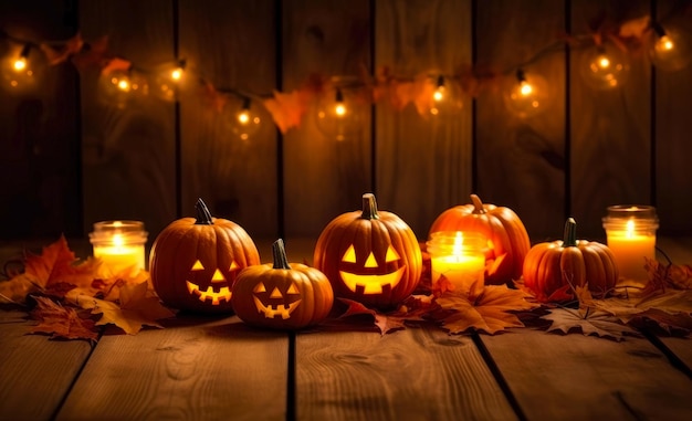Halloween pumpkins with candles on wooden background Halloween concept