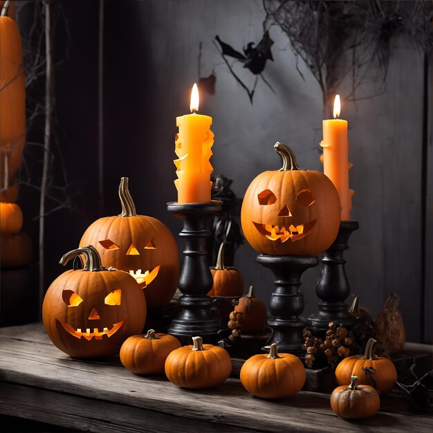 Halloween pumpkins with candlestick on wooden table AI Generated