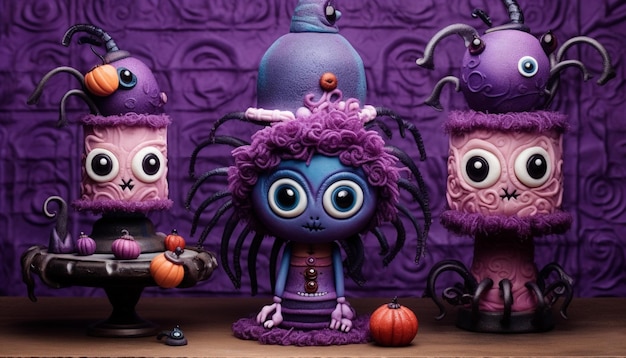 Halloween pumpkins with funny monsters on purple background Halloween party