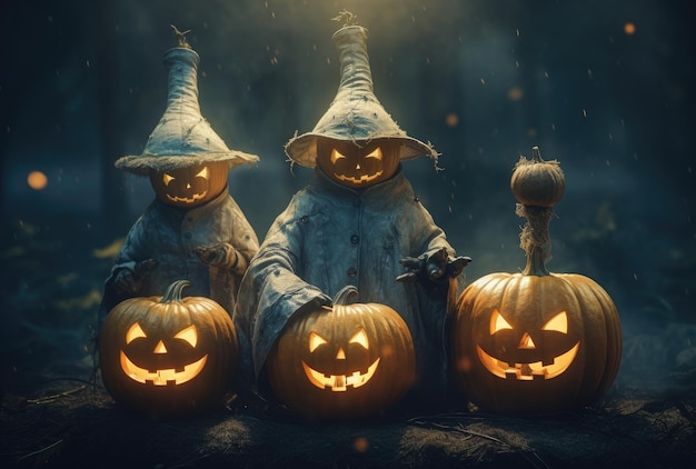 Halloween pumpkins with lanterns wearing warlocks hats Skittish halloween CharactersGenerative AI