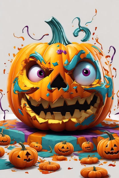 Halloween pumpkins with scary faces and confetti 3d illustration