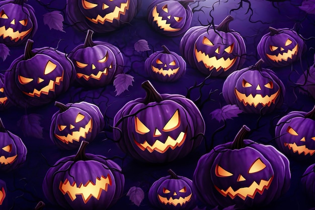 Halloween pumpkins with scary faces on purple background