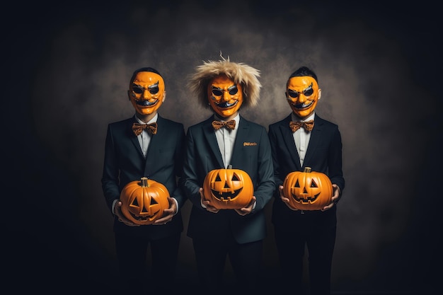 Halloween pumpkins with scary faces in suits on dark background