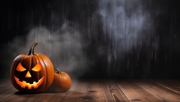 Halloween pumpkins with smoke on wooden floor Halloween background