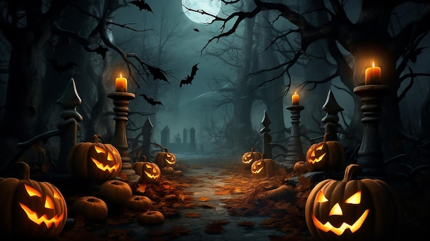 Halloween Pumpkins on wood Halloween Background At Night Forest with Moon