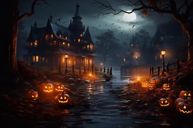 Foto zucche di halloween su legno in una foresta spettrale di notte dall'aspetto horror generativo ai