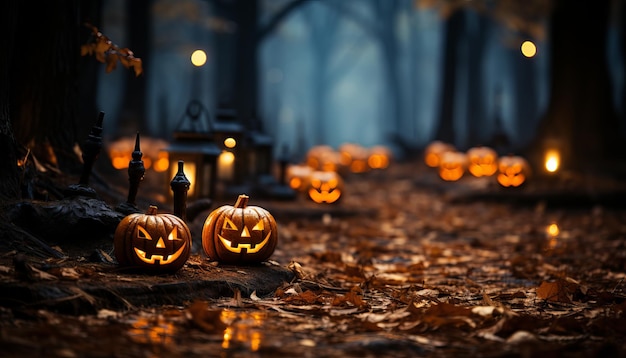 Halloween Pumpkins On Wood In A Spooky Forest At Night