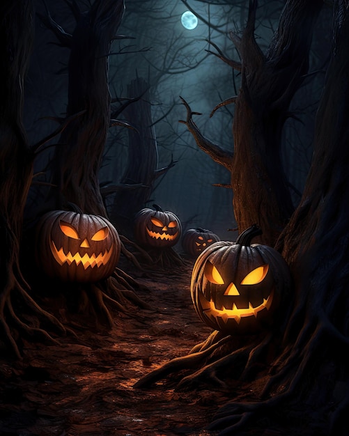 Halloween pumpkins on wood in a spooky forest at night