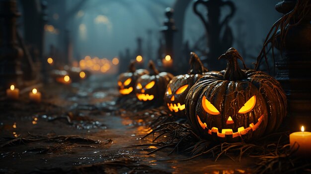 Halloween Pumpkins On Wood In A Spooky Forest At Night