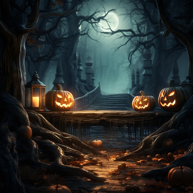 Halloween Pumpkins On Wood In A Spooky Forest At Night