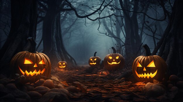 Halloween pumpkins on wood in a spooky forest