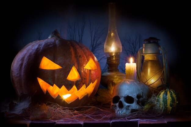 Halloween Pumpkins on wood table