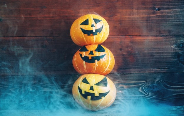 Halloween Pumpkins On Wood