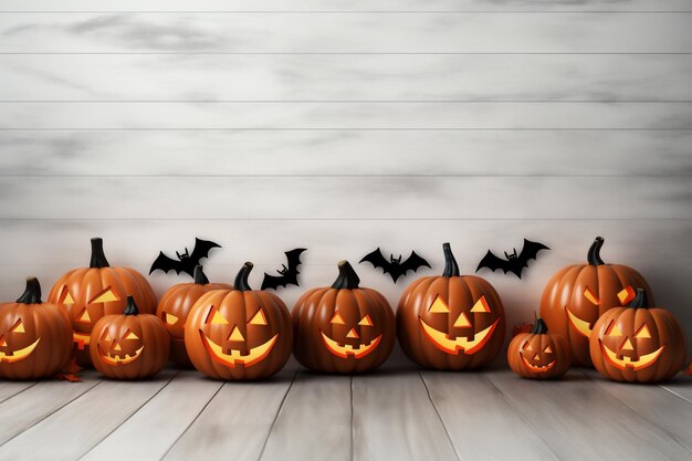 Photo halloween pumpkins on wooden background with copy space for text