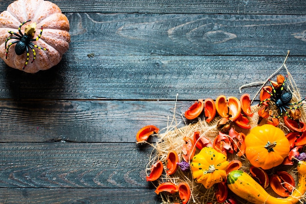 Zucche di halloween su fondo di legno