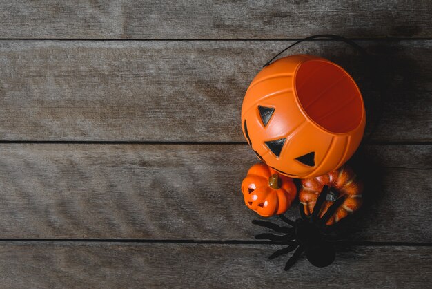 Halloween Pumpkins on wooden floor background