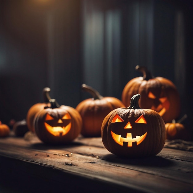 Halloween pumpkins on wooden table background