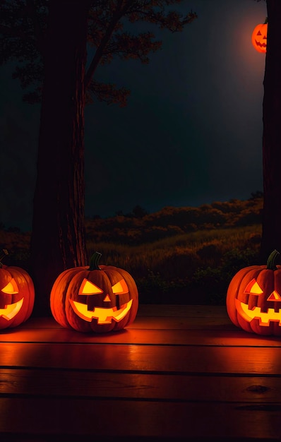Foto zucche di halloween sulla tavola di legno nella foresta nebbiosa ia generativa
