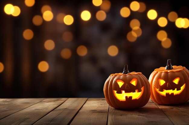 Halloween pumpkins on wooden table with bokeh lights background