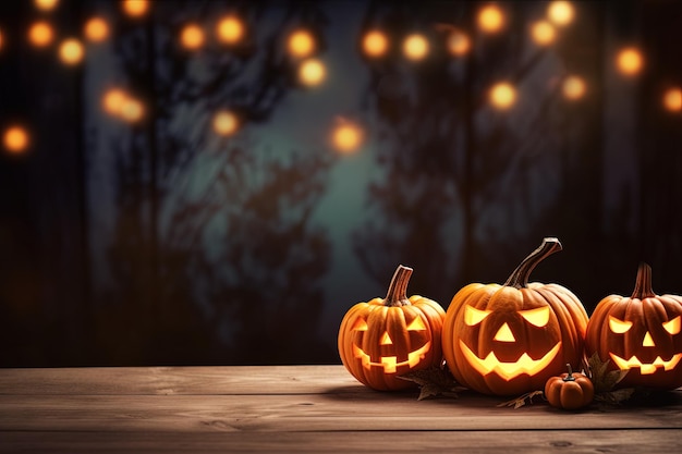 Halloween pumpkins on wooden table with bokeh lights background