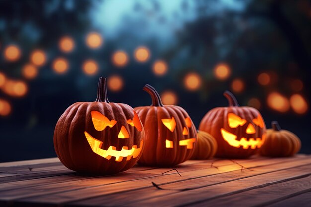 Halloween pumpkins on wooden table with bokeh lights background