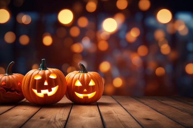 Halloween pumpkins on wooden table with bokeh lights background