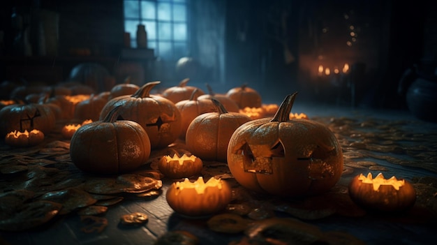 Halloween pumpkins on wooden table with copy space generative ai