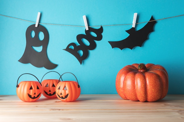 Halloween pumpkins on a wooden table