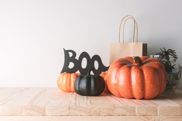 Halloween pumpkins on a wooden table