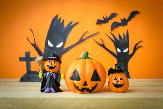 Halloween Pumpkins on wooden table