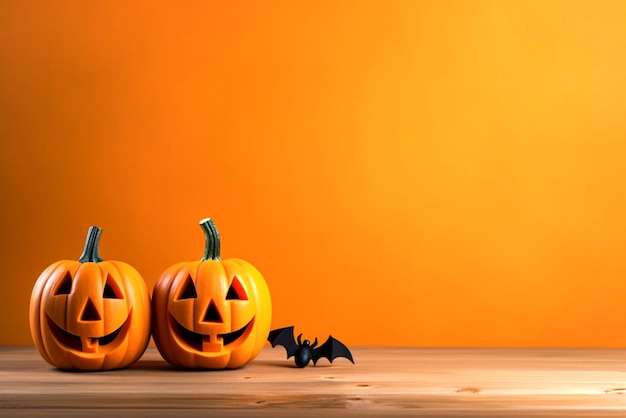 Halloween pumpkins on wooden table