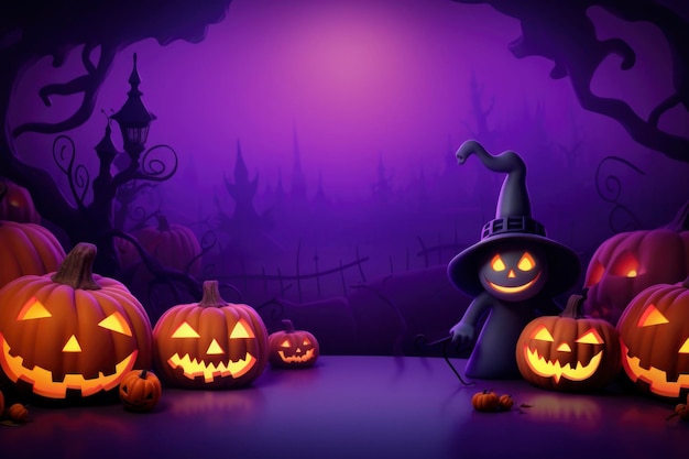 Halloween purple background with essential characters simple design with copy space