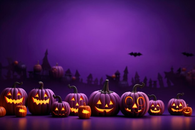 Halloween purple background with essential characters simple design with copy space