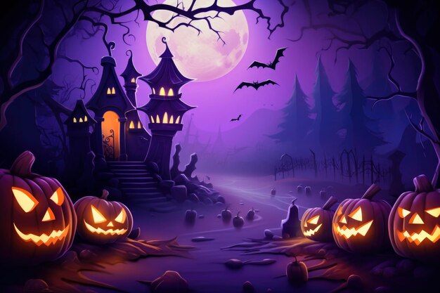 Halloween purple background with essential characters simple design with copy space