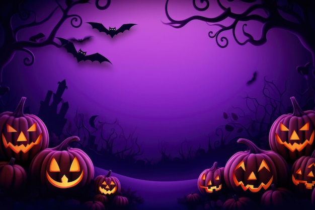 Halloween purple background with essential characters simple design with copy space