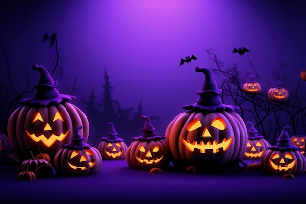 Halloween purple background with essential characters simple design with copy space
