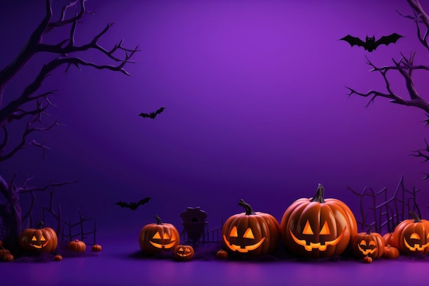 Halloween purple background with essential characters simple design with copy space