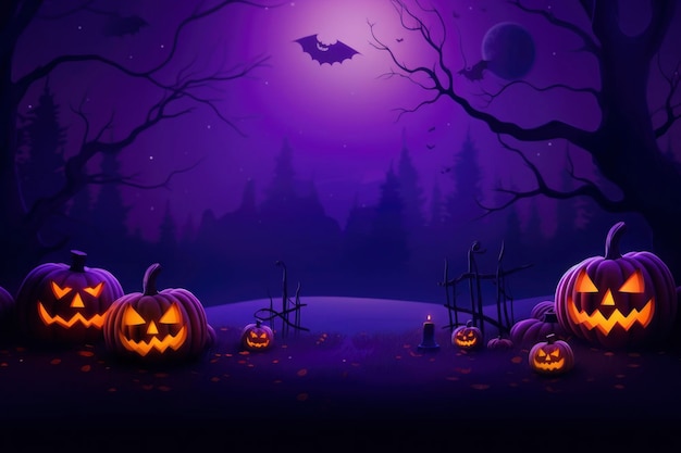 Хэллоуин фиолетовый фон с основными персонажами простой дизайн с копировальным пространством