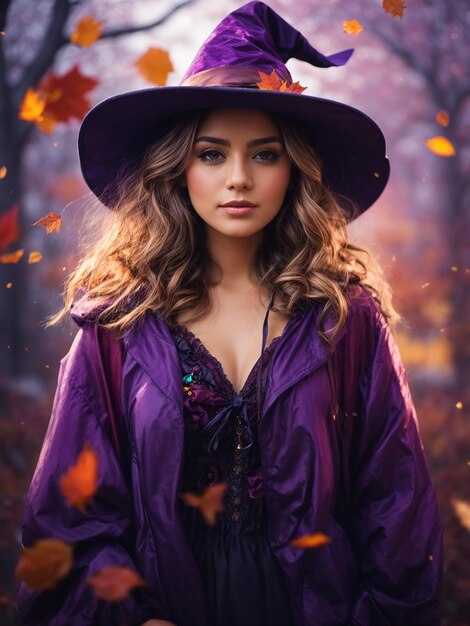 Photo halloween purple witch costume girl in forest