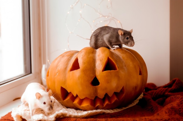 Halloween Rat and pumpkin Rat and pumpkin for halloween White Decorative Rat Autumn colors