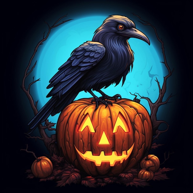 Halloween A raven is sitting on a pumpkin