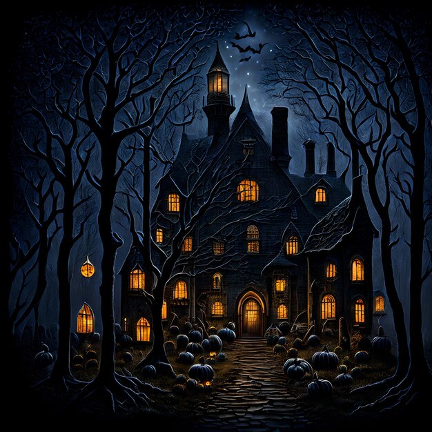 Photo halloween realistic scary house background with spooky ai generative