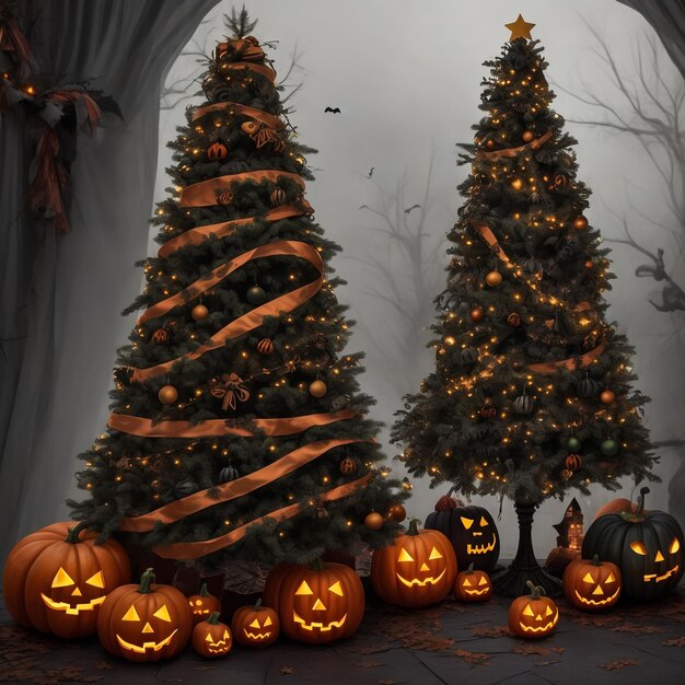 Photo halloween's pumpkins and christmas trees holidays atmosphere watercolor art for cards backgrounds etc