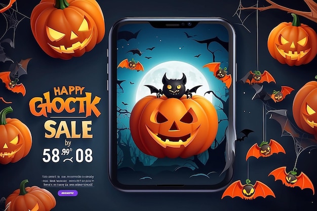 Foto modello di banner di vendita di halloween banner festivo con zucche spaventose 3d smartphone occhi di caramelle ragno su web e pipistrelli di carta