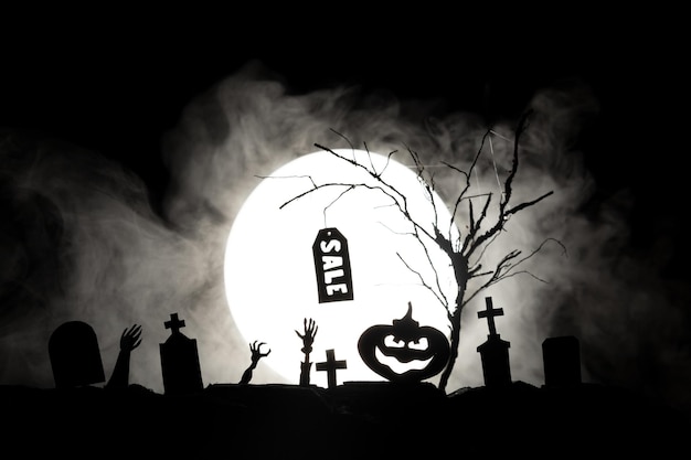 Halloween sale Cemetery with graves and the dead are pulling hands and inscriptions SALE moon