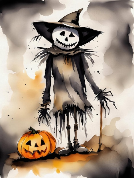 Иллюстрация персонажей акварельных комиксов на Хэллоуин