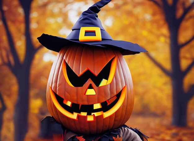 Halloween scarecrow with caved pumpkin head autumn background 3d rendering