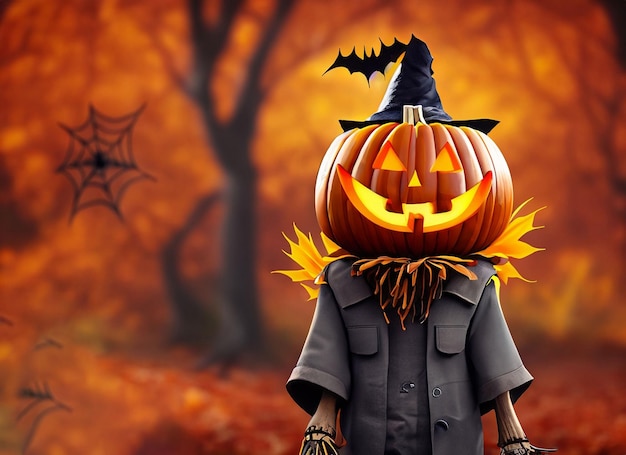 Halloween scarecrow with caved pumpkin head autumn background 3d rendering