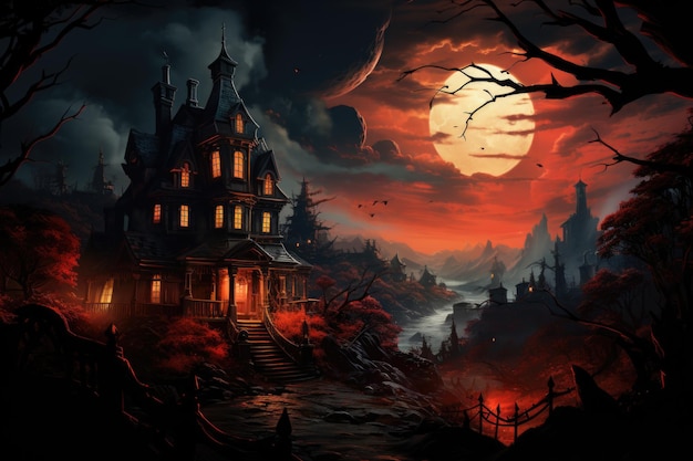 Хэллоуин страшный фон обложка иллюстрация страшное кладбище и дом